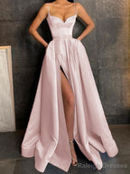A-Line/Princess V-neck Floor-Length Satin Prom Dresses With Leg Slit