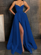 A-Line/Princess V-neck Floor-Length Satin Prom Dresses With Leg Slit