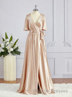 A Line V Neck Floor Length Silk like Satin Bridesmaid Dress with Belt/Sash