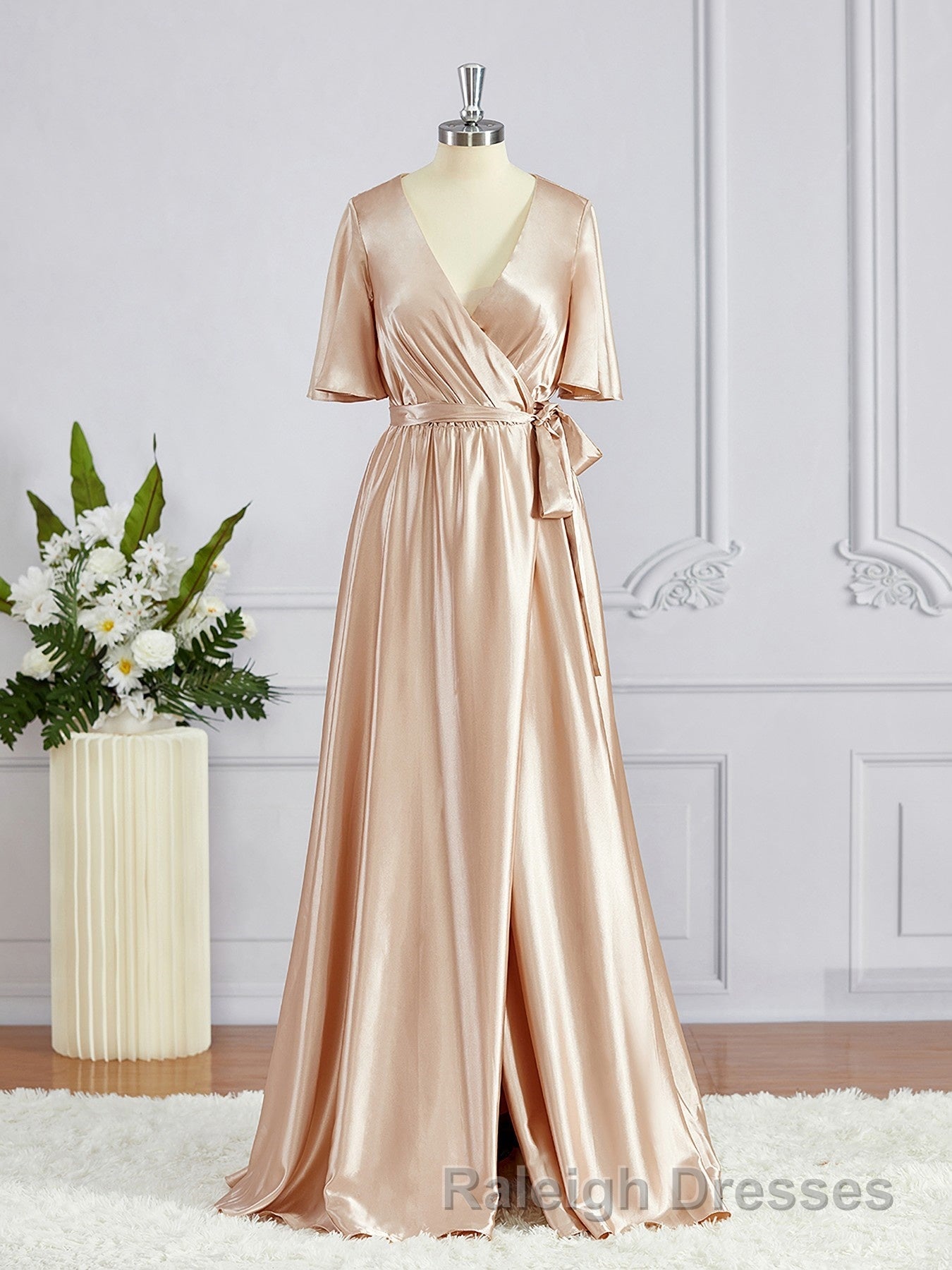 A Line V Neck Floor Length Silk like Satin Bridesmaid Dress with Belt/Sash