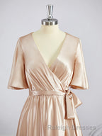 A Line V Neck Floor Length Silk like Satin Bridesmaid Dress with Belt/Sash