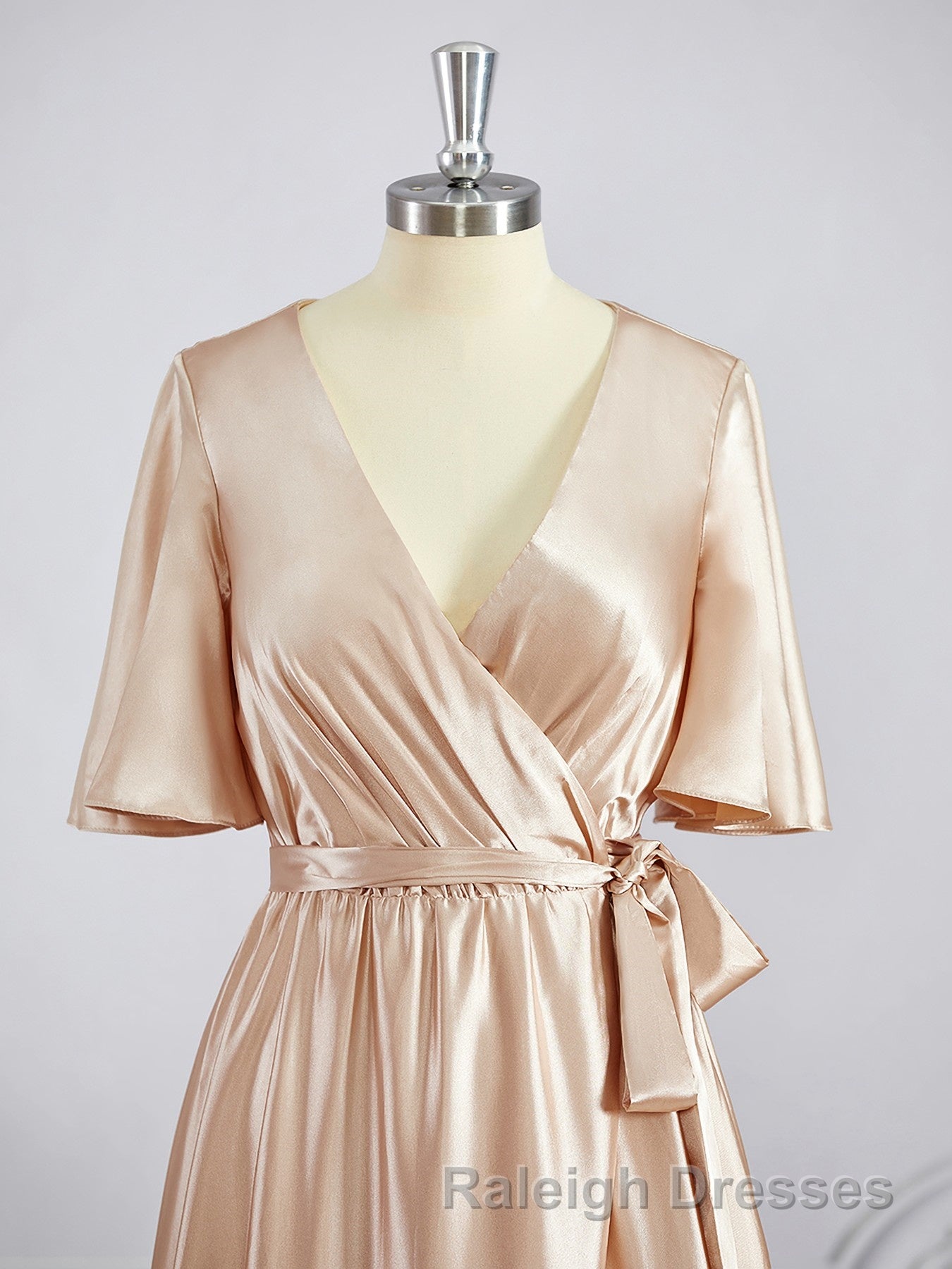 A Line V Neck Floor Length Silk like Satin Bridesmaid Dress with Belt/Sash