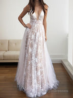A Line V Neck Floor Length Tulle Prom Dresses With Appliques Lace
