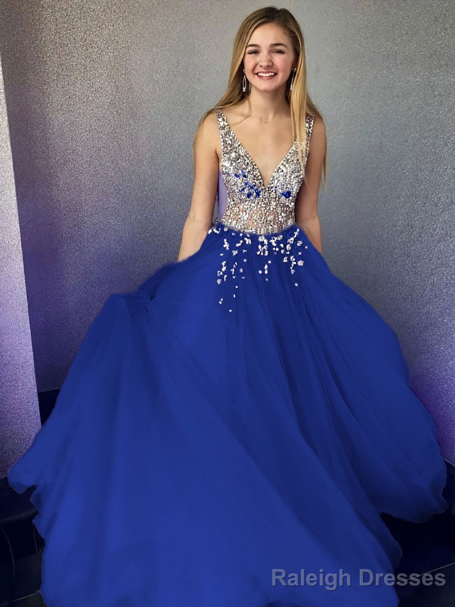 A-Line/Princess V-neck Floor-Length Tulle Evening Dresses With Beading