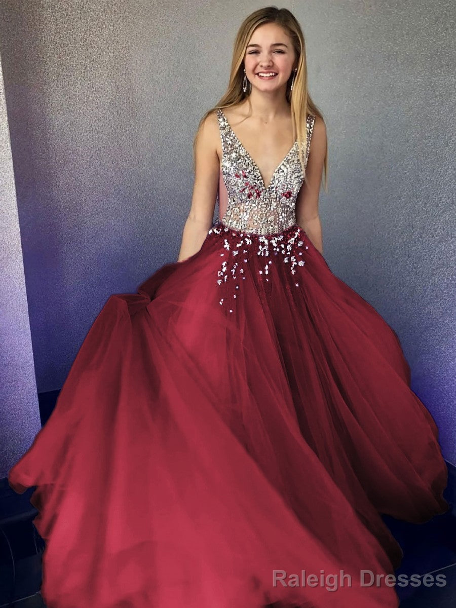 A-Line/Princess V-neck Floor-Length Tulle Evening Dresses With Beading