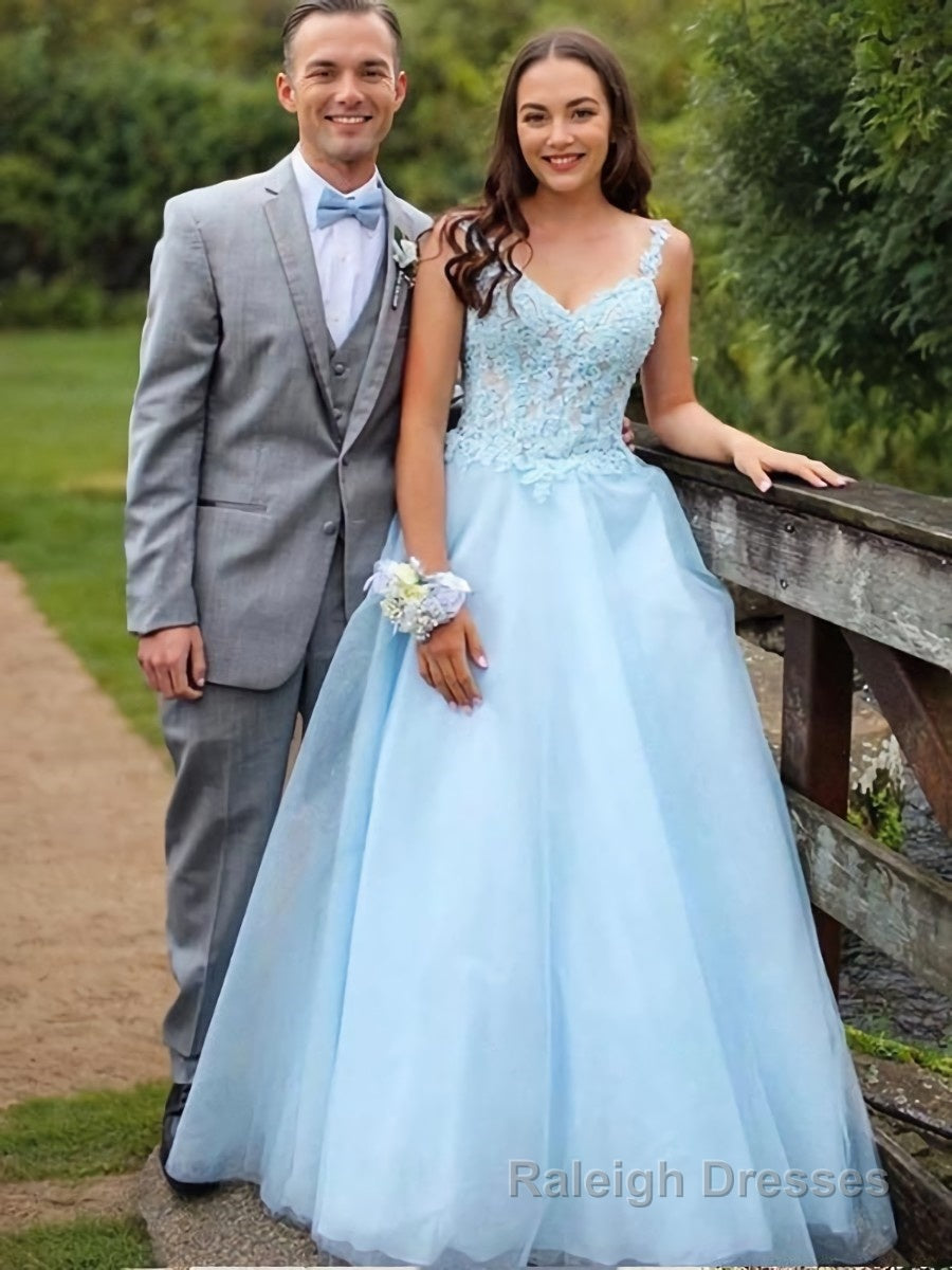 A-Line/Princess V-neck Floor-Length Tulle Prom Dresses With Appliques Lace Main image