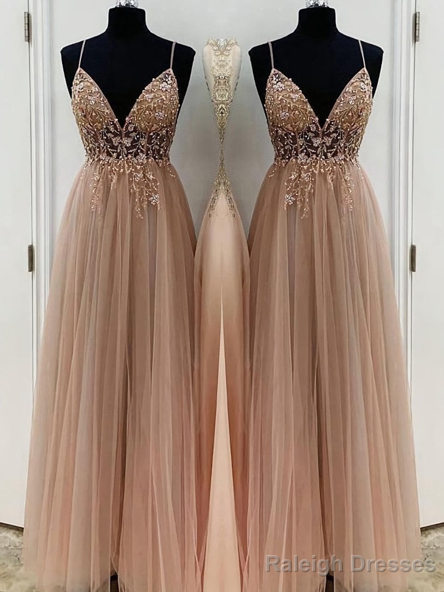 A-Line/Princess V-neck Floor-Length Tulle Prom Dresses With Beading