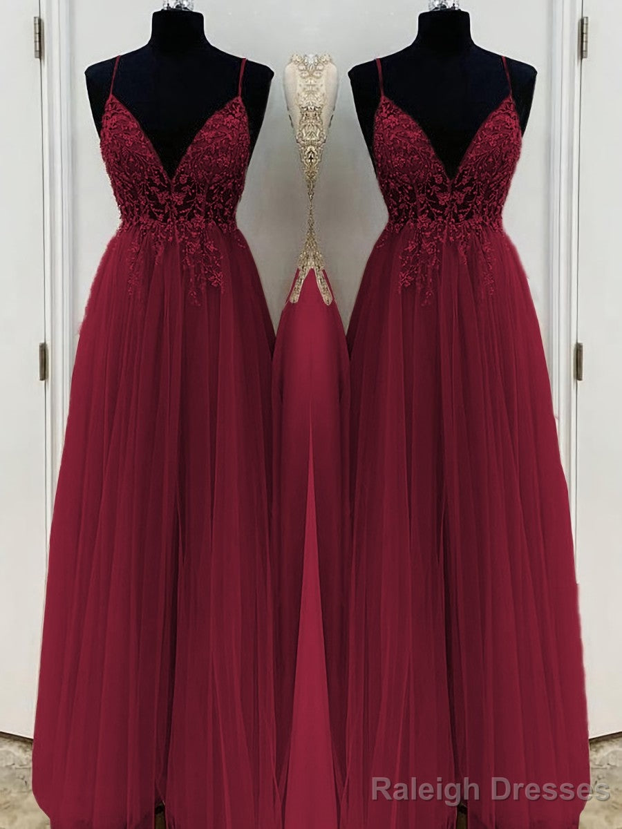 A-Line/Princess V-neck Floor-Length Tulle Prom Dresses With Beading