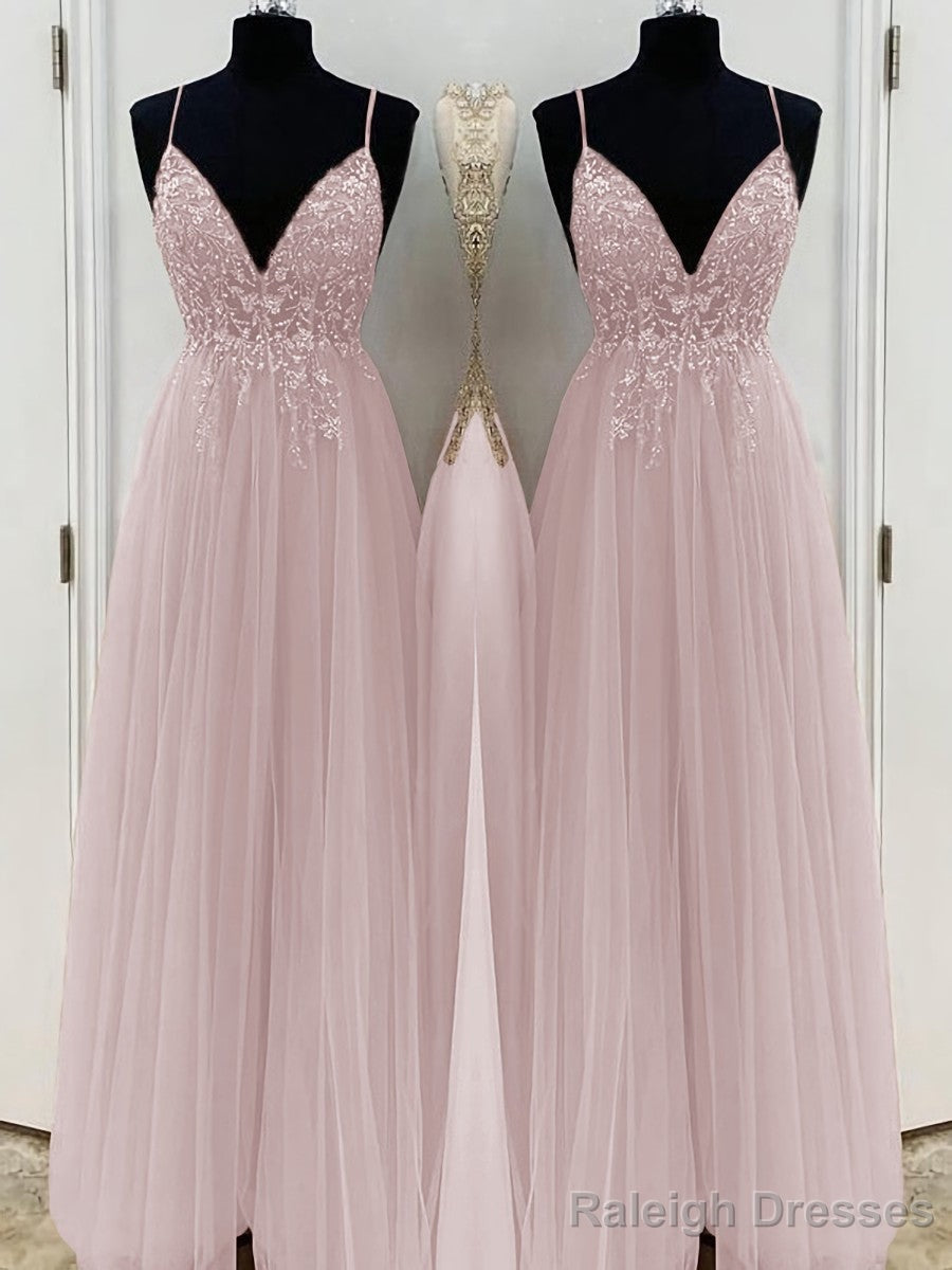 A-Line/Princess V-neck Floor-Length Tulle Prom Dresses With Beading
