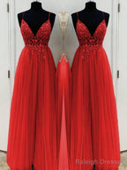 A-Line/Princess V-neck Floor-Length Tulle Prom Dresses With Beading