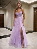 A Line V Neck Floor Length Tulle Prom Dresses With Leg Slit