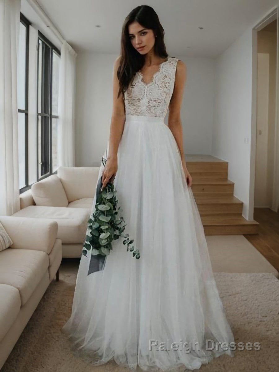 A Line V Neck Floor Length Tulle Wedding Dresses Main image