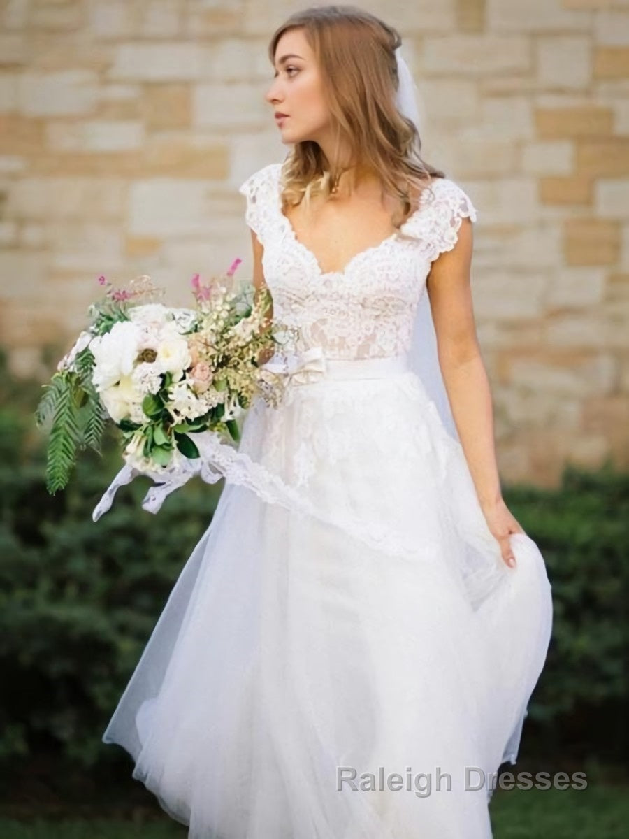 A Line V Neck Floor Length Tulle Wedding Dresses With Bow Main image
