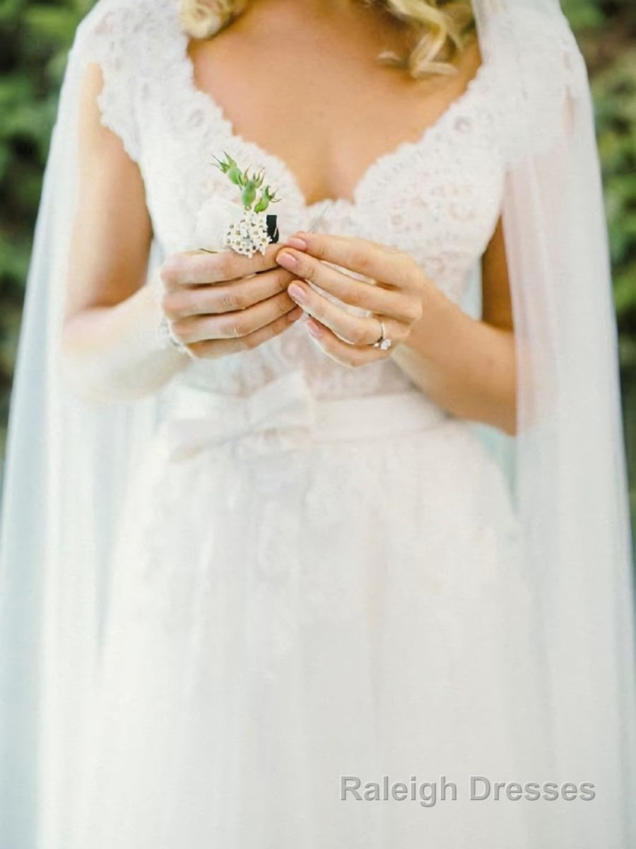 A Line V Neck Floor Length Tulle Wedding Dresses With Bow Secondary image