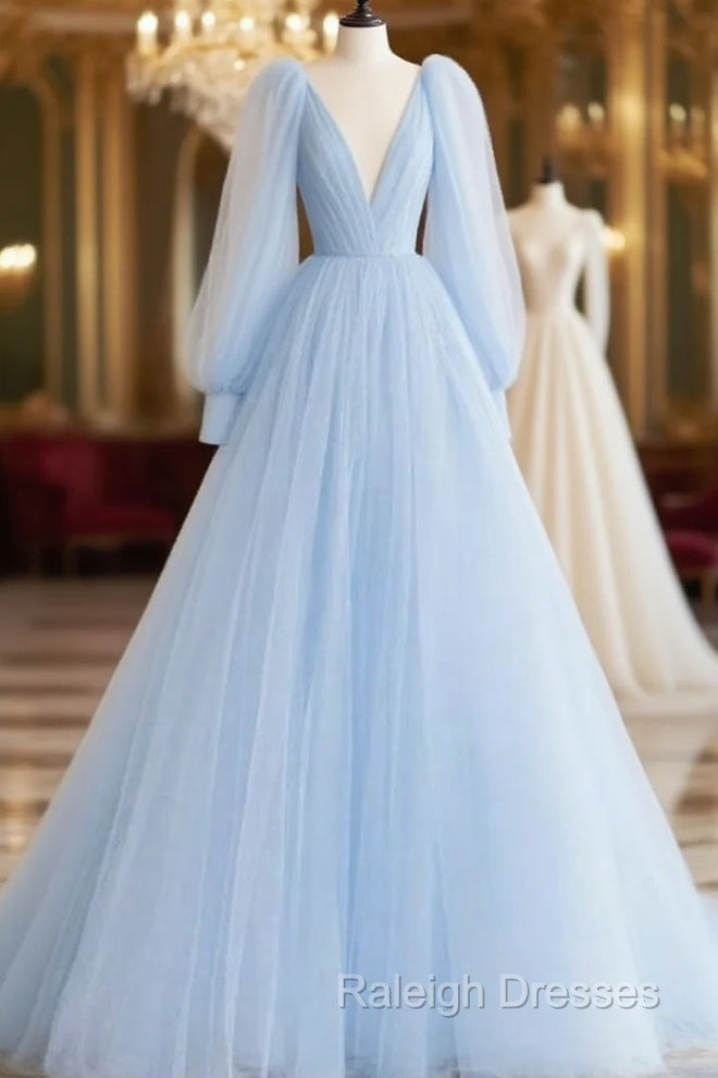 A-line Princess V Neck Full/Long Sleeve Court Train Tulle Prom Dress- Prom Dresses Main image