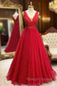 A-line Princess V Neck Long/Floor-Length Sparkly Tulle Prom Dress With Appliqued Beading Glitter