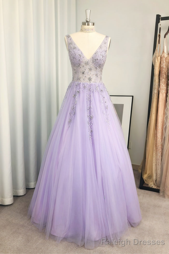 A-line/Princess V Neck Long/Floor-Length Tulle Prom Dresses With Beading Sequins Main image