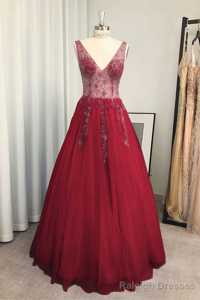 A Line V Neck Long Dress Floor Length Tulle Prom Dress With Beading Sequins