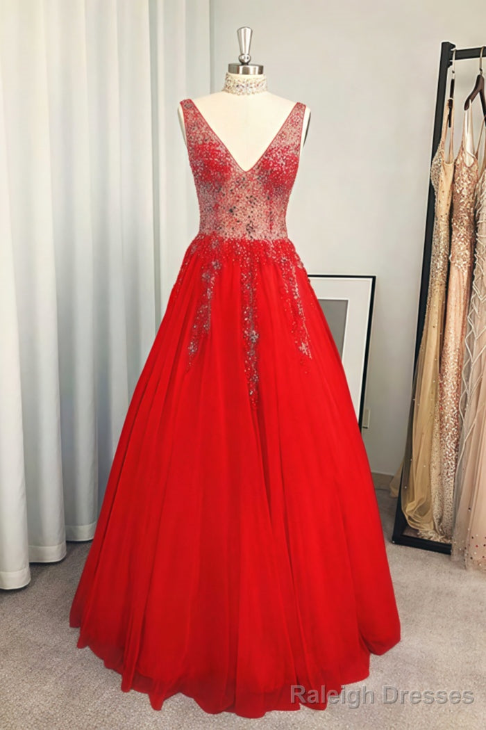 A-line/Princess V Neck Long/Floor-Length Tulle Prom Dresses With Beading Sequins