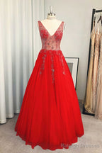 A Line V Neck Long Dress Floor Length Tulle Prom Dress With Beading Sequins