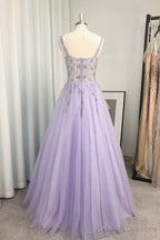 A Line V Neck Long Dress Floor Length Tulle Prom Dress With Beading Sequins