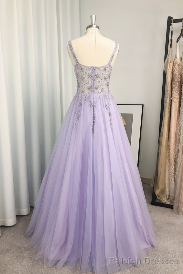 A Line V Neck Long Dress Floor Length Tulle Prom Dress With Beading Sequins