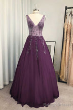A Line V Neck Long Dress Floor Length Tulle Prom Dress With Beading Sequins