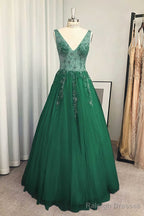 A Line V Neck Long Dress Floor Length Tulle Prom Dress With Beading Sequins