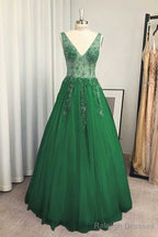 A Line V Neck Long Dress Floor Length Tulle Prom Dress With Beading Sequins