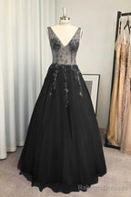 A Line V Neck Long Dress Floor Length Tulle Prom Dress With Beading Sequins