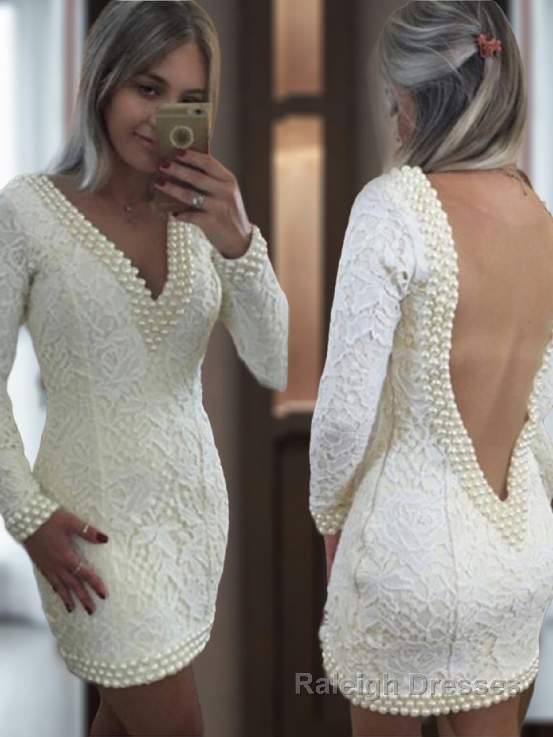 A Line V Neck Short Mini Lace Homecoming Dresses With Pearls Main image