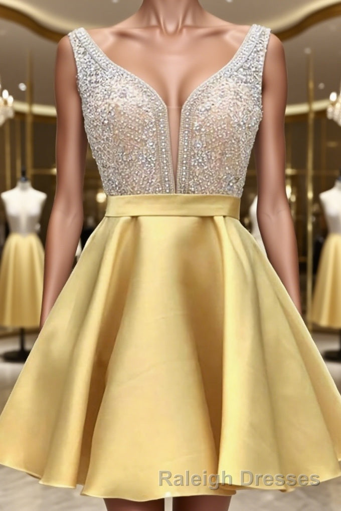 A Line V Neck Short Mini Satin Homecoming Dress With Beading Main image