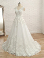 A-line V-Neck Sleeveless Applique Tulle Floor-Length Wedding Dress