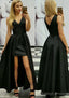 A-line/Princess V Neck Sleeveless Asymmetrical Satin Prom Dresses With Pleated
