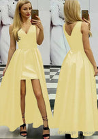 A-line/Princess V Neck Sleeveless Asymmetrical Satin Prom Dresses With Pleated