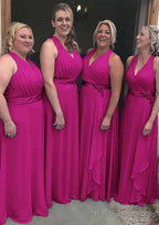 A Line V Neck Sleeveless Long Dress Floor Length Chiffon Bridesmaid Dress With Pleated Waistband