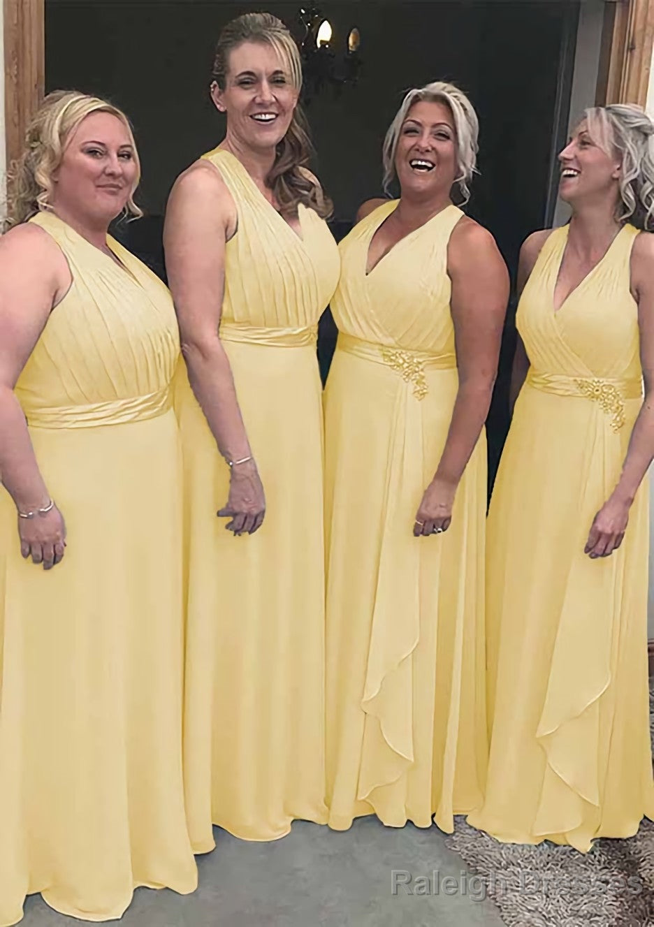 A Line V Neck Sleeveless Long Dress Floor Length Chiffon Bridesmaid Dress With Pleated Waistband