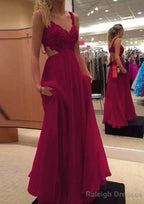 A Line V Neck Sleeveless Long Dress Floor Length Chiffon Prom Dress With Lace Beading