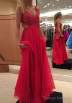A Line V Neck Sleeveless Long Dress Floor Length Chiffon Prom Dress With Lace Beading