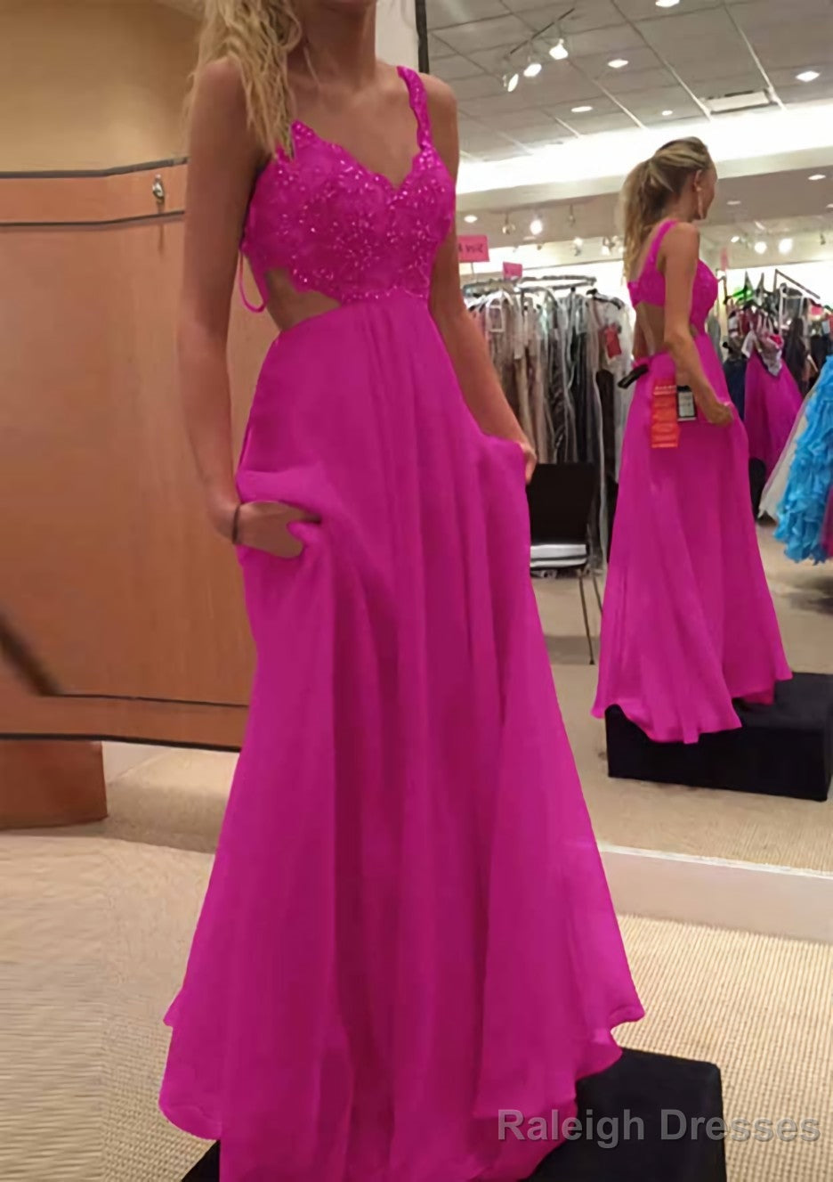 A Line V Neck Sleeveless Long Dress Floor Length Chiffon Prom Dress With Lace Beading