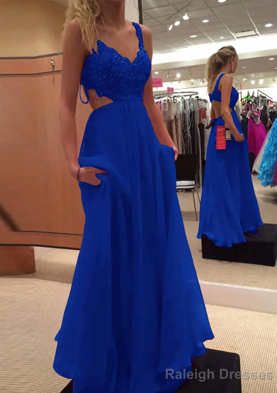 A Line V Neck Sleeveless Long Dress Floor Length Chiffon Prom Dress With Lace Beading