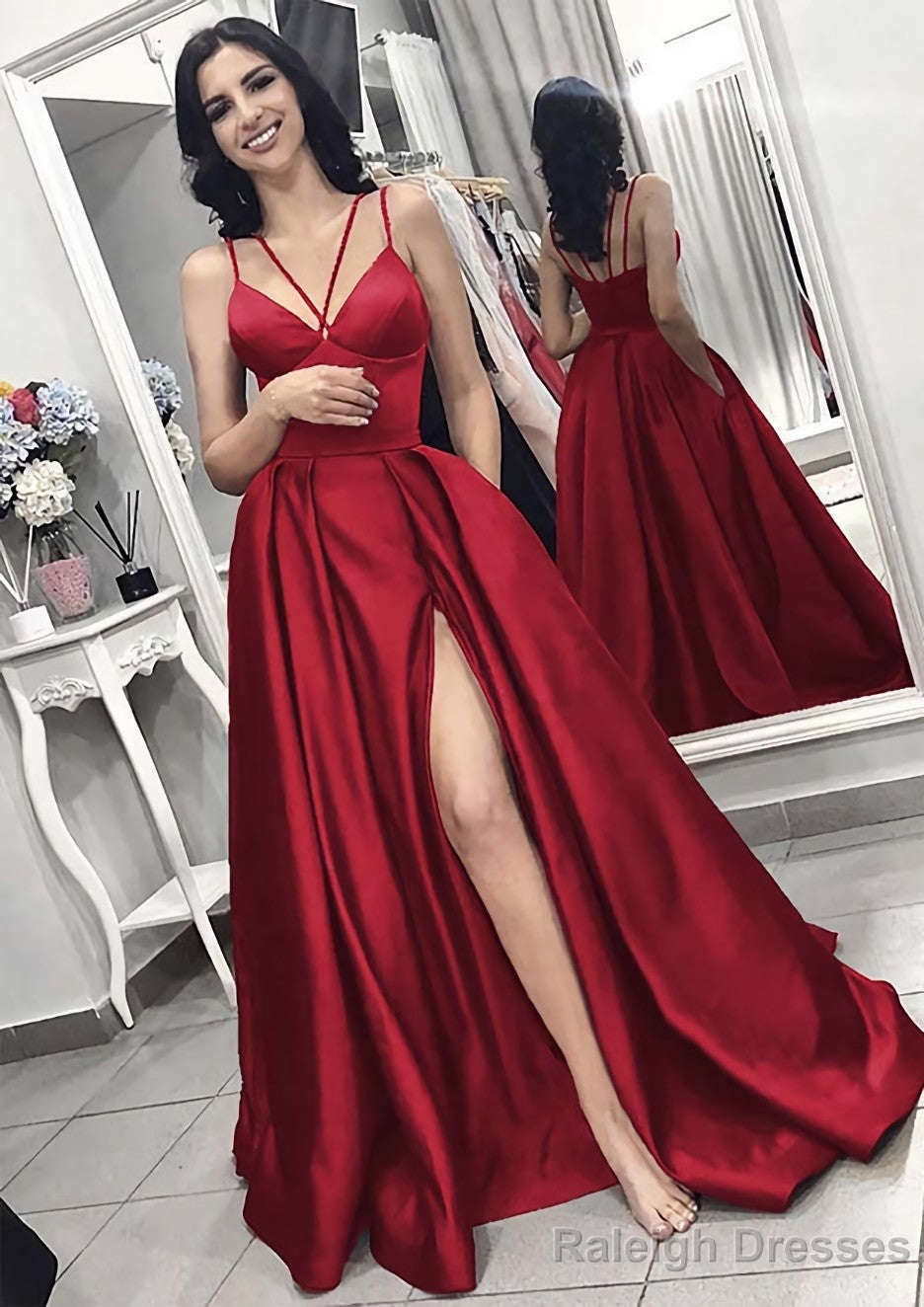 A Line V Neck Sleeveless Long Dress Floor Length Elastic Satin Prom Dress With Split Pleated
