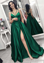 A-line/Princess V Neck Sleeveless Long/Floor-Length Elastic Satin Evening Dresses With Split Pleated