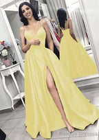 A Line V Neck Sleeveless Long Dress Floor Length Elastic Satin Prom Dress With Split Pleated
