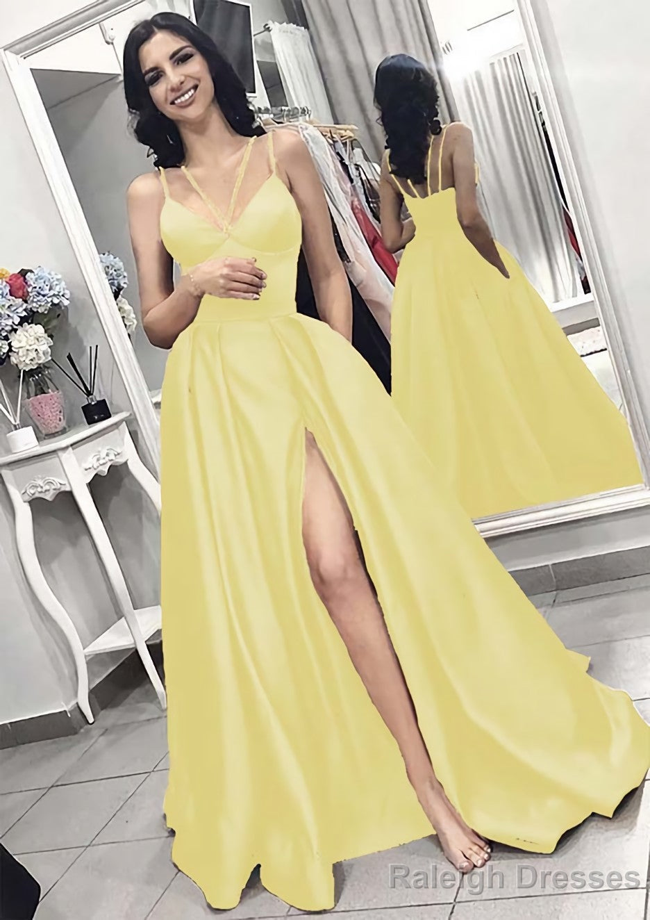 A Line V Neck Sleeveless Long Dress Floor Length Elastic Satin Prom Dress With Split Pleated