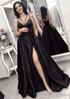 A Line V Neck Sleeveless Long Dress Floor Length Elastic Satin Prom Dress With Split Pleated