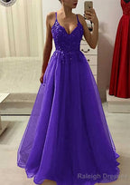 A-line/Princess V Neck Sleeveless Long/Floor-Length Prom Dresses With Appliqued Beading