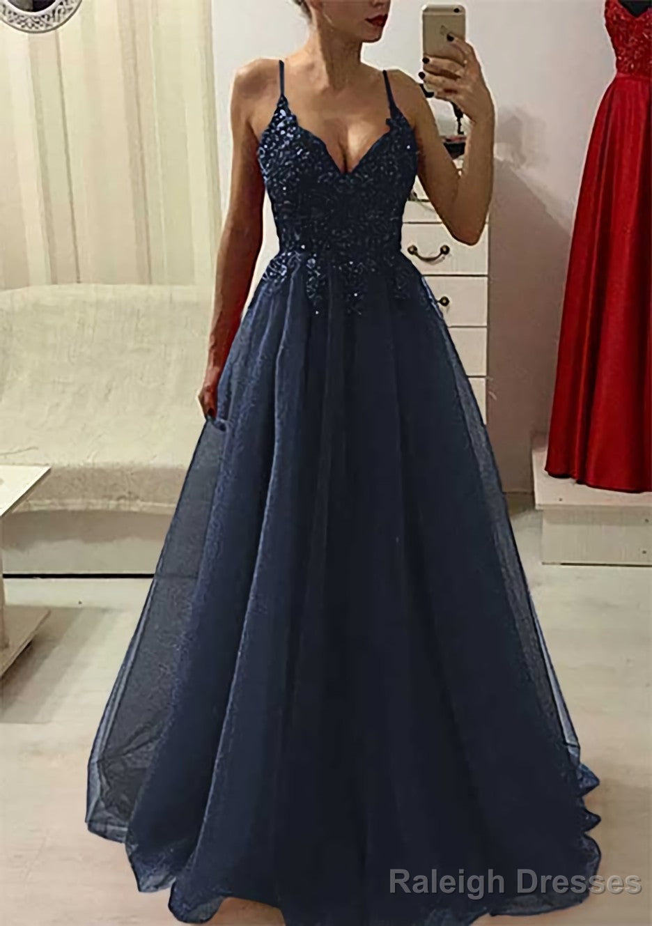 A-line/Princess V Neck Sleeveless Long/Floor-Length Prom Dresses With Appliqued Beading Secondary image