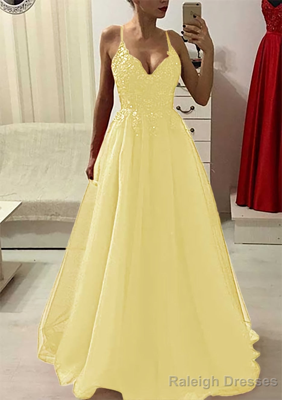 A-line/Princess V Neck Sleeveless Long/Floor-Length Prom Dresses With Appliqued Beading