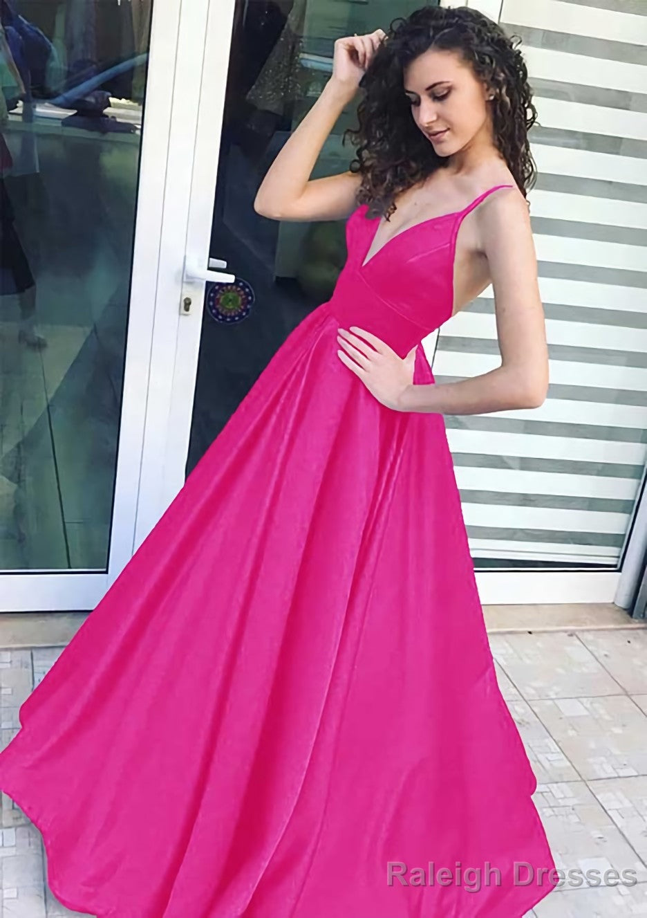 A Line V Neck Sleeveless Long Dress Floor Length Satin Prom Dress